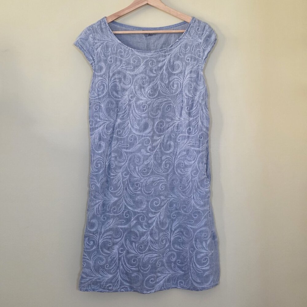 Lina Tomei Linen Dress XL Runs Small Blue Embroidered Pockets SS Linen Coastal - Picture 14 of 15